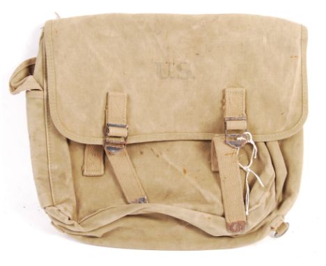 A WWII Second World War United States US Army Atlantic Products Corp canvas combat pack ( Musette Bag ) stamped ' US ' to fro
