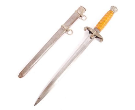 A WWII Second World War German Nazi Third Reich standard issue ' Army ' officer's dress dagger. The hilt having amber cellulo