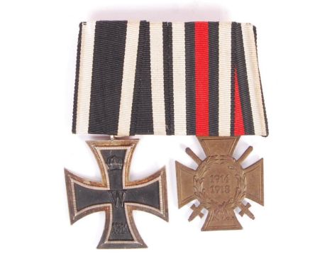 A WWI First World War German Imperial army medal bar of two awards to include 1914 iron cross 2nd Class and a 1914-1918 The H