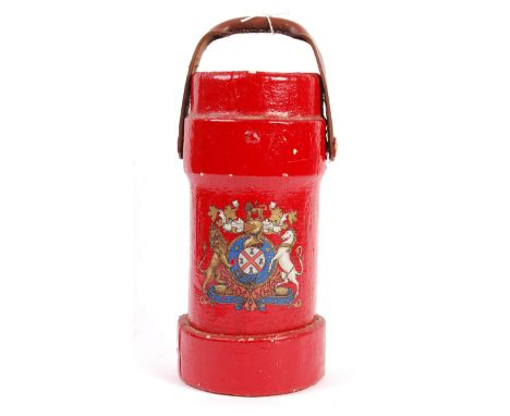 A WWI First World War era British Forces Royal Navy warship ammunition shell charge carrier with leather strap handle, the bo