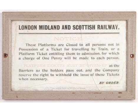 An original vintage railway notice framed and glazed sign for LMS London, Midland And Scotland Railway. The sign reads ' Noti