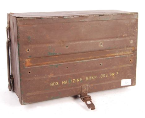 An original WWII Second World War British Military Infantry Bren Light Machine Gun .303 Mk7 ammunition magazine box. Brown pa