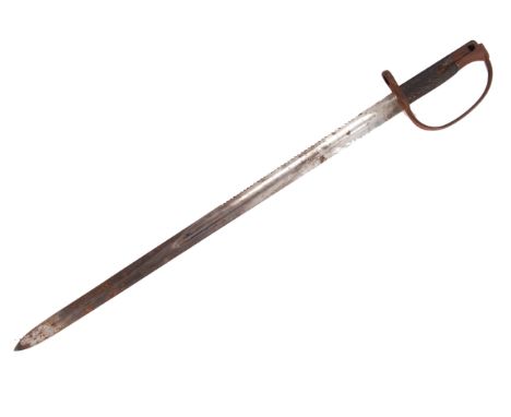 A Boer War period Wilkinson 1879 Pattern Martini Henry carbine heavy artillery saw back sword bayonet having black chequered 