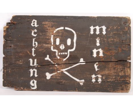 A rare original WWII Second World War German Army improvised Mine warning sign. Made from the wooden lid of an ammunition cra