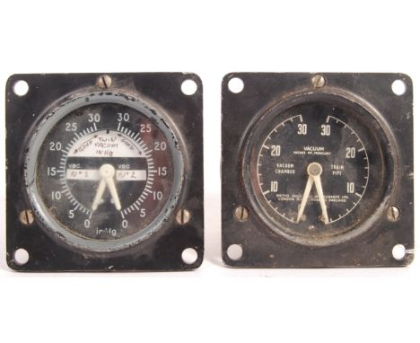 Two original vintage locomotive train gauges each having twin dials for Vacuum Chamber and Train Pipe. Measures; 13cm tall.&n