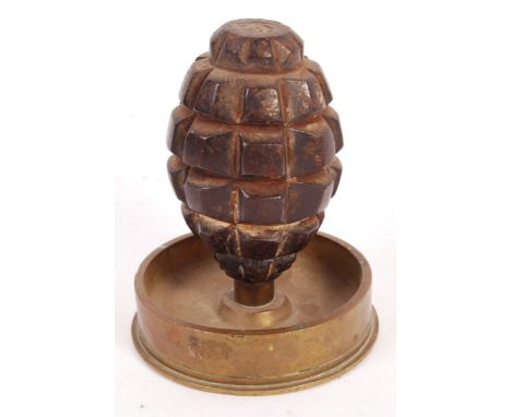 A rare original WWI First World War French Mills Bomb / Hand grenade relic - period mounted on a shell case base in the form 