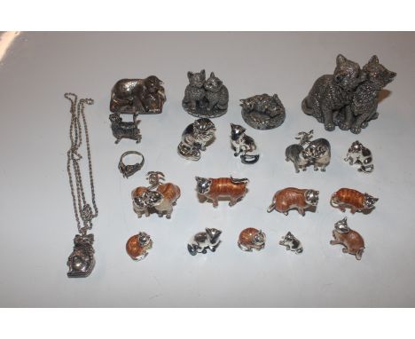 A collection of silver and enamel cat ornaments and others 