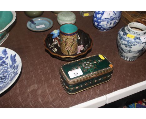 An enamel decorated trinket box AF; a cloisonné decorated vase and a cloisonné bowl 