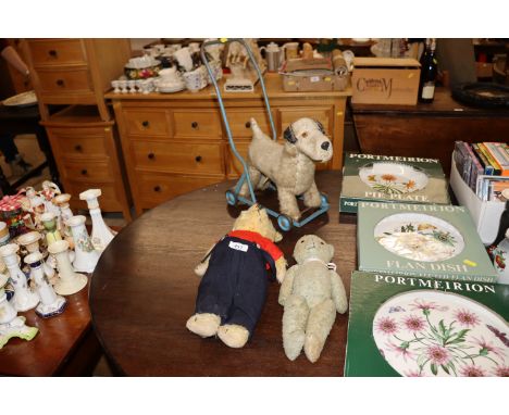 A vintage push-a-long dog toy; a vintage Pedigree Teddy bear and one other Teddy bear 