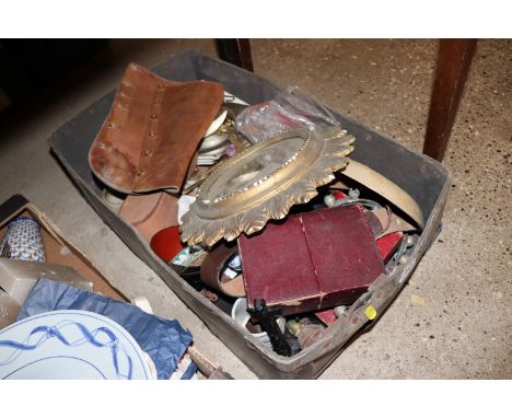 A quantity of various items to include inkwell, circular mirror, a pair of gaiters and various metal ware