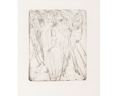 Ernst Ludwig Kirchner     1880 Aschaffenburg - 1938 Davos Passantenknäuel und Elektrische. 1914. Strichätzung.  Signiert. Ein