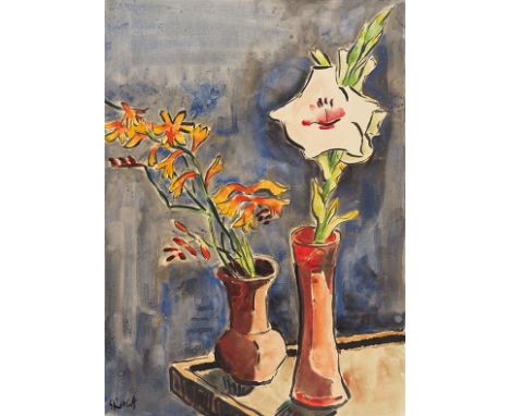 Karl Schmidt-Rottluff     1884 Rottluff bei Chemnitz - 1976 Berlin Gladiole und Montbretien in Vasen. Um 1940. Aquarell und T