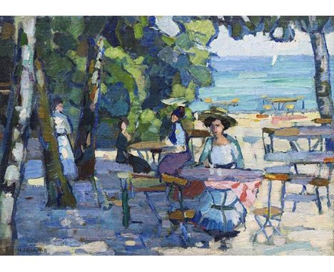 Hermann Stenner     1891 Bielefeld - 1914 Ilow (Polen) Kaffeegarten am Ammersee. 1911. Öl auf Leinwand.  Links unten signiert