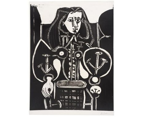 Pablo Picasso     1881 Malaga - 1973 Mougins Femme au fauteuil no. 4. 1949. Lithografie.  Signiert sowie links unten ganz sch