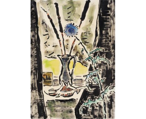 Karl Schmidt-Rottluff     1884 Rottluff bei Chemnitz - 1976 Berlin Zwischen den Vorhängen. 1967. Aquarell.  Rechts unten sign