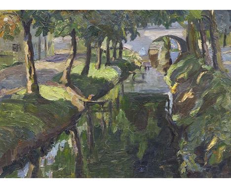 Hermann Stenner     1891 Bielefeld - 1914 Ilow (Polen) Mit Kastanien bestandener Kanal. 1909. Öl auf Leinwand.  45 x 60,5 cm 