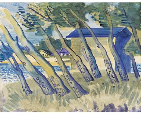 Hermann Max Pechstein     1881 Zwickau - 1955 Berlin Seeufer mit Bäumen und Häusern. 1931. Aquarell.  Links unten signiert un