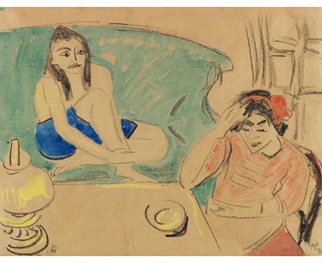 Hermann Max Pechstein     1881 Zwickau - 1955 Berlin Zwei Mädchen am Tisch. 1910. Aquarell über schwarzer Kreide.  Rechts unt