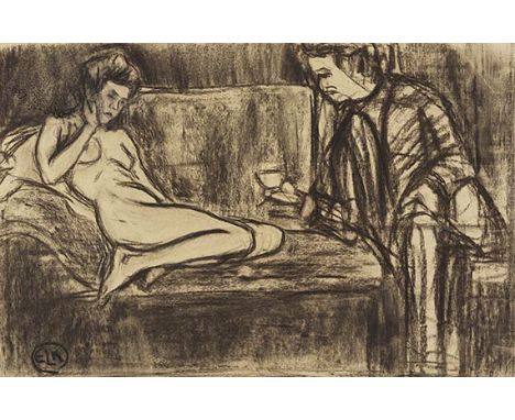 Ernst Ludwig Kirchner     1880 Aschaffenburg - 1938 Davos Nacktes Modell auf dem Sofa. Um 1905. Schwarze Kreidezeichnung.  Li