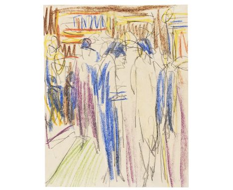 Ernst Ludwig Kirchner     1880 Aschaffenburg - 1938 Davos Straßenszene (Berlin). Um 1914. Farbige Kreide und Bleistift.  Vers