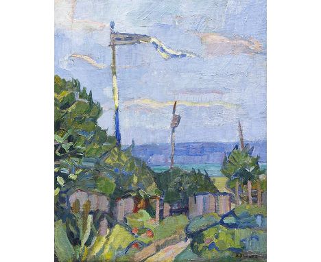Hermann Stenner     1891 Bielefeld - 1914 Ilow (Polen) Garten mit Fahne. 1911. Öl auf Leinwand.  Rechts unten signiert und da