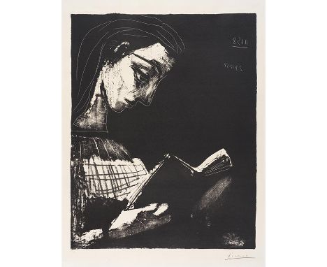 Pablo Picasso     1881 Malaga - 1973 Mougins Jacqueline lisant. 1954/1958. Lithografie.  Signiert und nummeriert. Im Druckträ