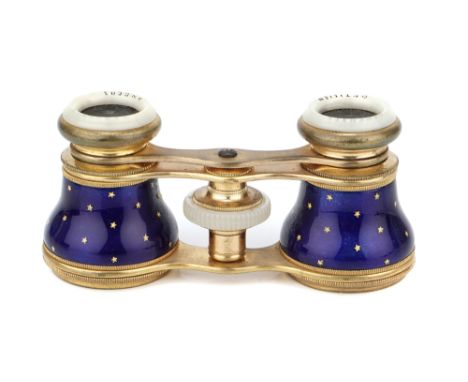 A Pair of Opera Glasses, French, c.1880, signed 'Verchaly Opticien Angers', gilt brass with cobalt blue enamel barrels with s