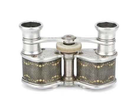 A Pair of Prismatic Opera Glasses,  French, c.1920, in aluminium with guilloché enamel barrels with gold decoration, engraved