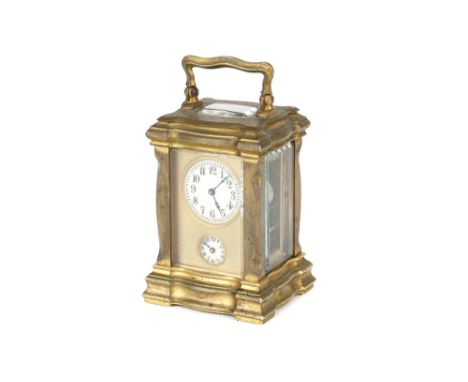 An Ornate Miniature Carriage Clock,  French, c. 1900, five glass gilt -brass carriage clock with alarm bell to base, numbered