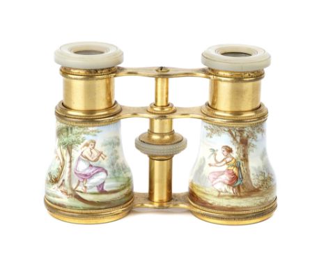 A Pair of Opera Glasses,  French, c.1870, engraved 'Jumelle Duchesse', gilt brass and painted enamel with bucolic scenes, 10.