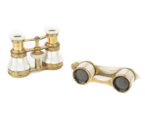 Two Pairs of Opera Glasses, French, late 19th Century, in gilt brass and mother-of pearl, one with handle, marked 'Lunette pa