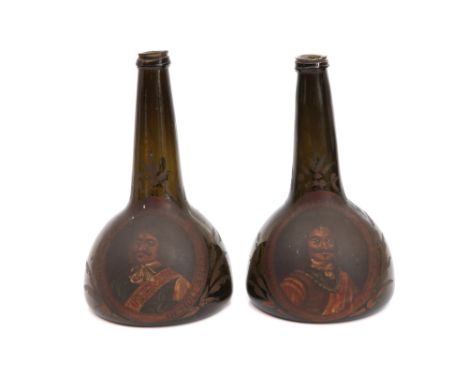 A Set of Three Dutch Commemorative Painted Onion Wine Bottles, circa 1700, each with portrait reserve of a Dutch admiral with