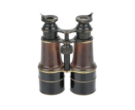 Binoculars English, dated 1900, signed 'ROSS London', finished in black enamel and with leather covered tubes