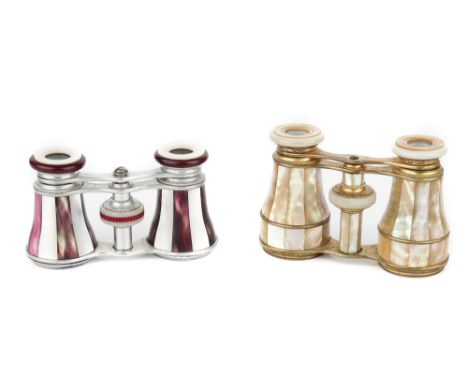 Two Pairs of Opera Glasses, French, c.1900, unsigned, decorated in mother-of pearl and abalone, one in gilt brass and one in 