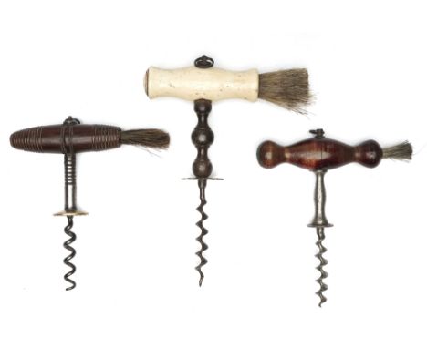 Three Henshall-type Button Corkscrews,  one with bone handle, decorative baluster petal button and bladed worm, one with maho