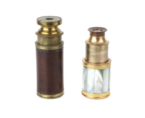 Two Monoculars,  19th Century, one in lacquered brass with mahogany veneer barrel, eyepiece rotates to chance power, one gilt
