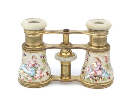 A Pair of Opera Glasses,  French, English retailed, c.1870, signed Elliott Bros Opticians 449 The Strand gilt brass with pain