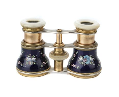 A Pair of Opera Glasses,  French, c.1870, unsigned, gilt brass and blue enamel decorated with cherubs and musical instruments
