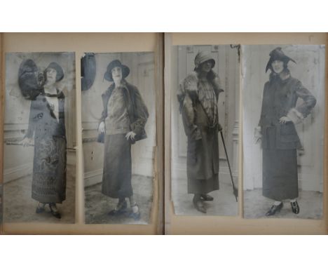 An Album of 1920's Press Fashion Photographs, silver gelatin prints, tipped in to an album, all with press stamps to verso, D