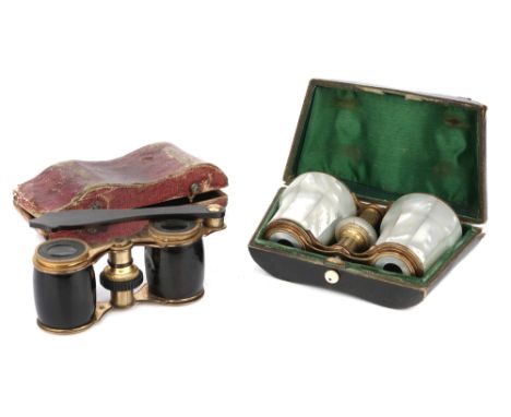 Two Pairs of Opera Glasses,  French, 19th Century, a pair unsigned, double-draw glasses in gilt copper with mother-of-pearl, 