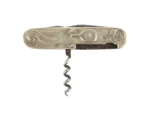 A French Multi-blade Penknife with Corkscrew, in carbon steel with nickel-silver scales advertising Vichy Quina aperitif on o