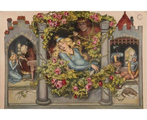 A Large German Fairytale Lithograph, German, c.1900, showing fairytale scene  of Sleeping Beauty