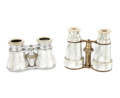 Two Pairs of Opera Glasses, c.1900, decorated in mother-of pearl, one French, unsigned, in gilt brass in silk-lined red Moroc