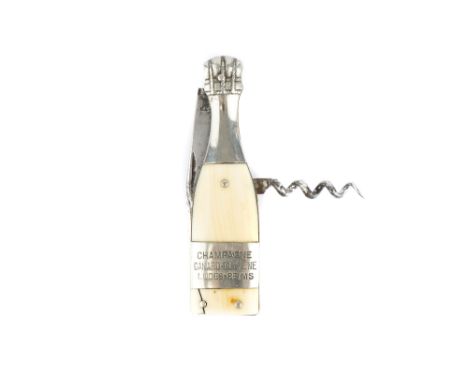 A Champagne Bottle Penknife, with corkscrew, wire cutter and single blade, ivory scales with plaque 'Champagne Canard-Duchene