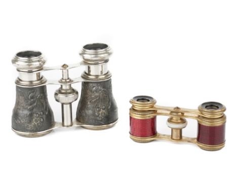 Two Pairs of Opera Glasses,  French, early 20th Century, unsigned, one gilt brass with red guilloche enamel, in red leather c