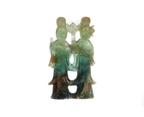 A Chinese Green Hardstone Carving, possibly Jade / Jadeite depicting two female figures in traditional dress, height 15cm, da