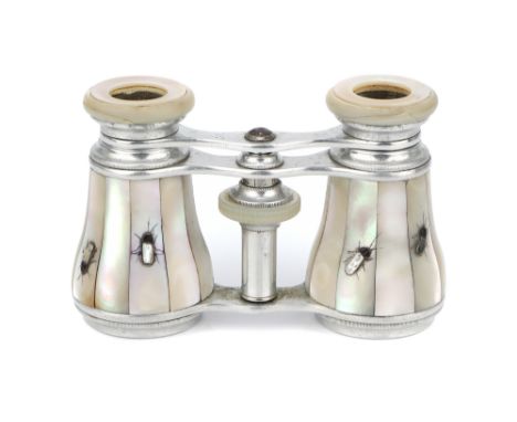 Opera Glasses with Shibayana Decoration, in aluminium and white mother-of-pearl with insects inlayed and applied, signed in J