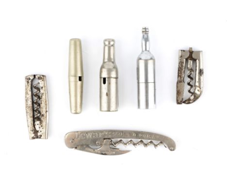 Six Folding Corkscrews, three roundlets, two bottle-shaped, one marked Anheuser Busch, a waiter's friend marked Dewar’s Scotc