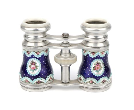 A Pair of Opera Glasses, French, c.1895, unsigned, aluminium with cobalt blue enamel barrels with star, bead and floral decor