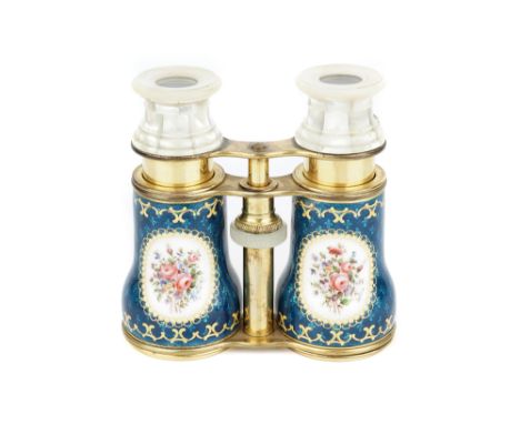 A Pair of Opera Glasses,  French, c.1860, gilt brass and mother-of-pearl with painted enamel panels on translucent blue ename